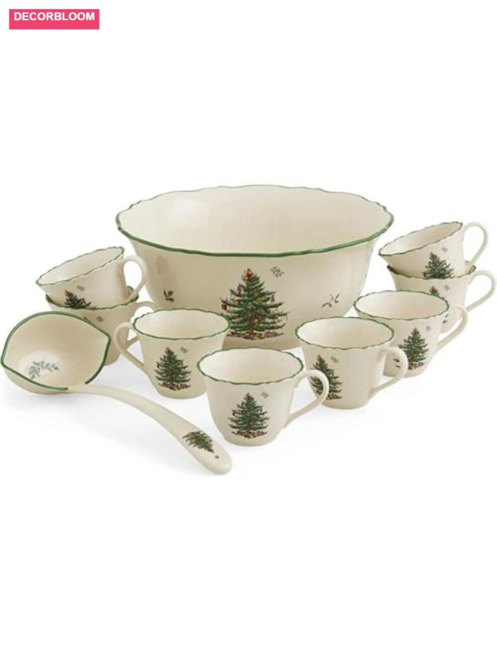 Christmas Tree 10-Piece Porcelain Punch Bowl Set with Ladle & 8 Handled Cups